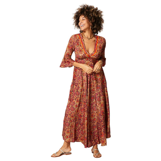 Aller simplement Robe Maxi Bohème à Manches 3/4 tons chauds marron