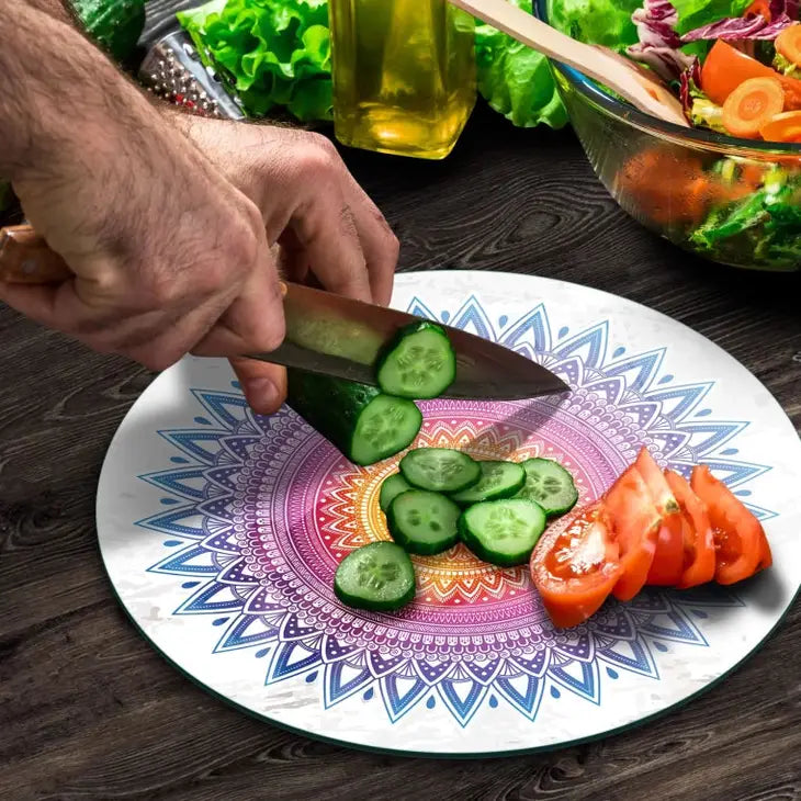 Galerie Vivante Planche à découper en verre rond trempé de 30 cm - Mandala Sun