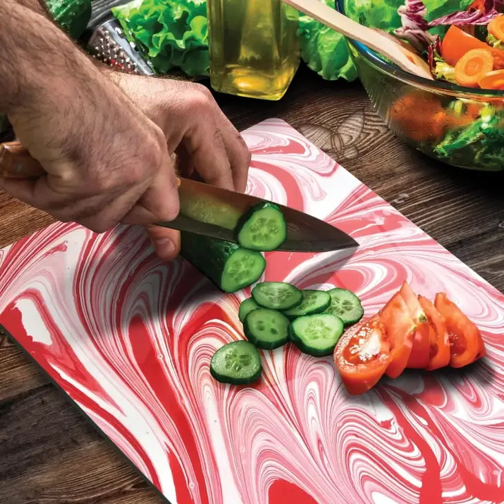 Galerie Vivante Planche à découper en verre trempé - Red Turkish Ebru Work